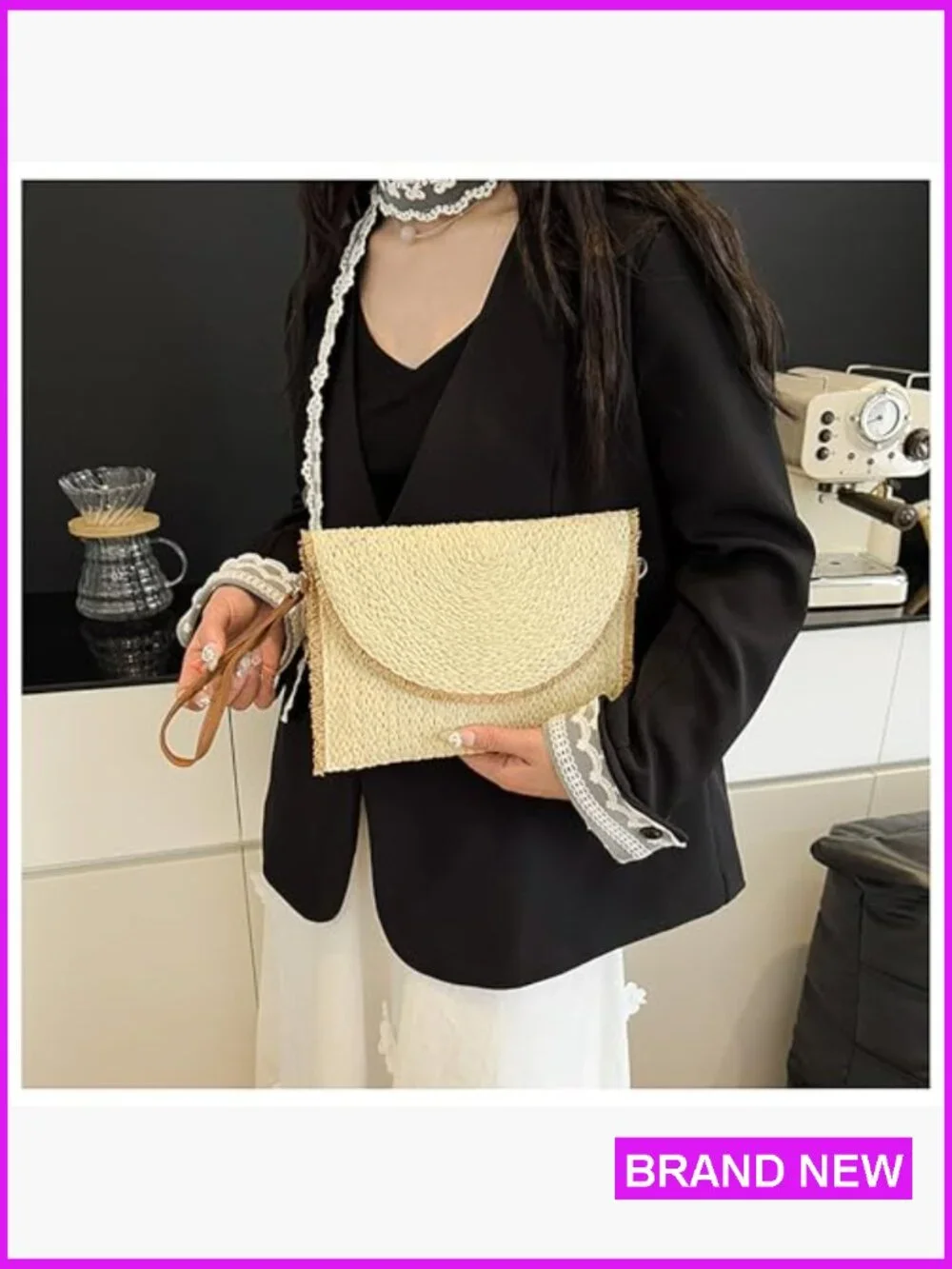 Straw Beach Clutch Purse Summer Woven Handbag Crossbody Envelope Shoulder Bag